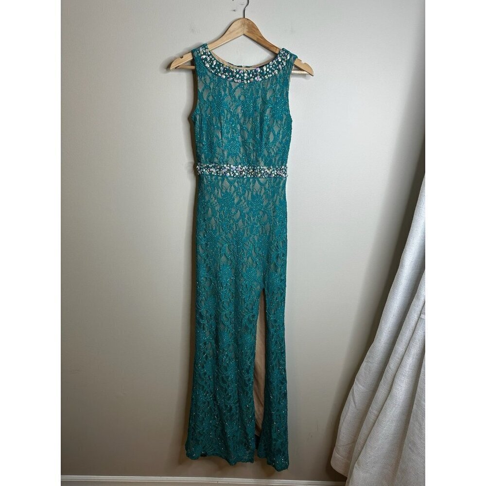Jodi Kristopher Gown Dress Size 1 Teal Green Blue Beaded Lace‎ Prom Bridesmaid